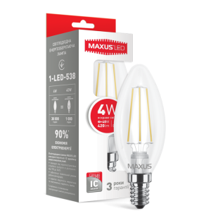 LED лампа MAXUS (filam), C37, 4W, яркий свет,E14 (1-LED-538-01)