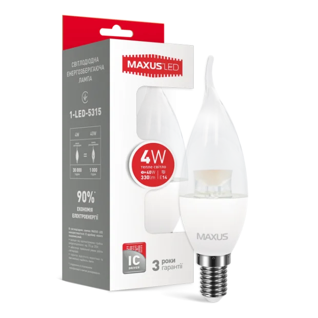 LED лампа MAXUS C37 CL-T 4W теплый свет E14 (1-LED-5315)
