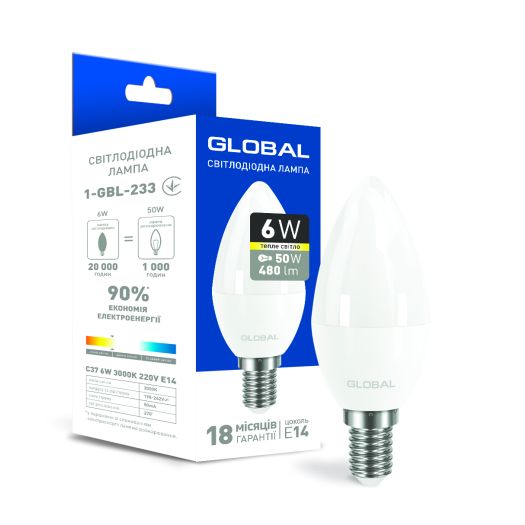 Світлодіодна лампа Global C37 CL-F 6W тепле світло E14