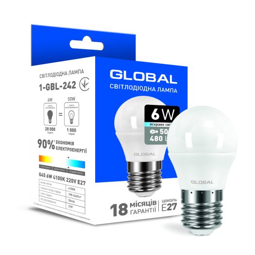 Світлодіодна лампа Global G45 F 6W яскраве світло E27