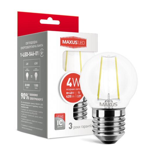 Лампа светодиодная филаментная MAXUS, G45, 4W, яркий свет,E27 (1-LED-546-01)