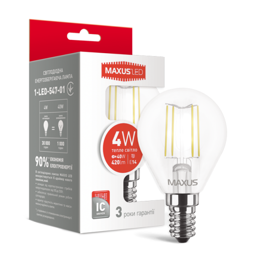 Лампа светодиодная филаментная MAXUS, G45, 4W, теплый свет,E14 (1-LED-547-01)