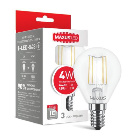 Лампа светодиодная филаментная MAXUS, G45, 4W, яркий свет, E14 (1-LED-548)