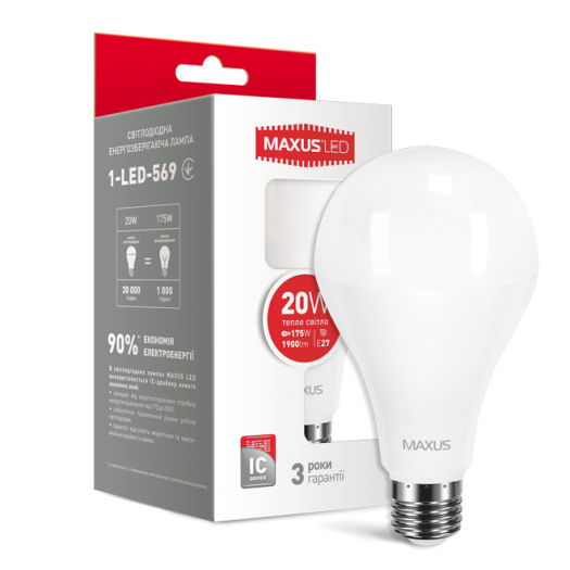 LED лампа MAXUS A80 20W тепле світло E27 (1-LED-569)