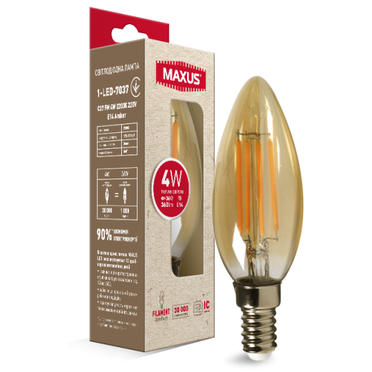 Лампа світлодіодна філаментна MAXUS арт деко C37 4W 2200K E14 Amber
