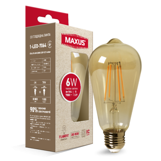 Лампа светодиодная филаментная MAXUS арт деко ST64 7W 2200K E27 Amber