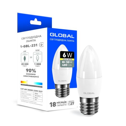 Світлодіодна лампа Global C37 CL-F 6W тепле світло E27