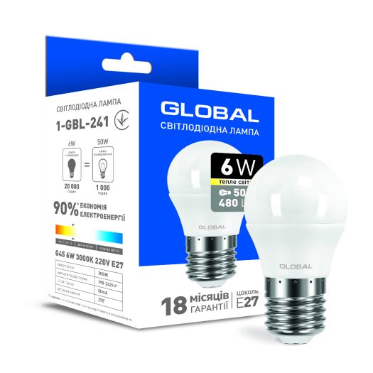 Светодиодная лампа Global G45 F 6W теплый свет E27