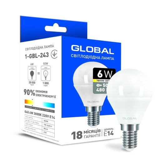 Светодиодная лампа Global G45 F 6W теплый свет E14