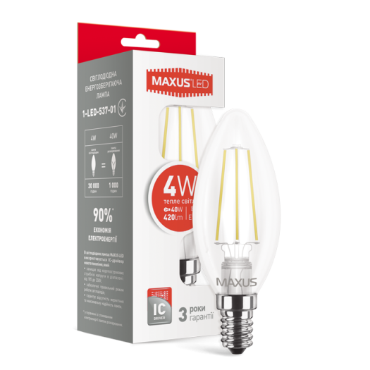 Лампа світлодіодна філаментна MAXUS C37 4W тепле світло E14 (1-LED-537-01)