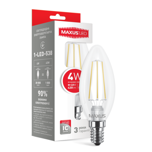 Лампа светодиодная филаментная MAXUS, C37, 4W, яркий свет, E14 (1-LED-538-01)