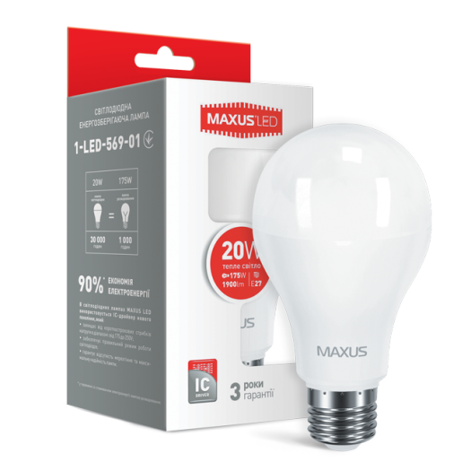 LED лампа MAXUS A80 20W теплый свет E27 (1-LED-569-01)
