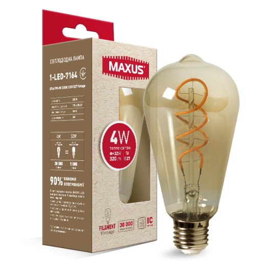 Лампа светодиодная филаментная MAXUS арт деко ST64 4W 2200K E27 Vintage