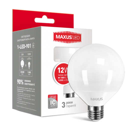 LED лампа Maxus G95 12W тепле світло 220V E27 (1-LED-901)