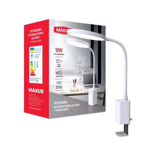Светодиодная настольная лампа на клипсе с аккумулятором MAXUS Desk Lamp 10W 3CCT WH CLIP Battery