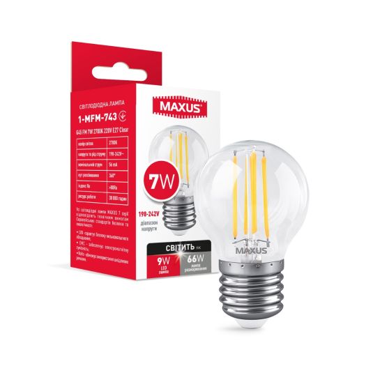 Лампа светодиодная филаментная MAXUS G45 FM 7W 2700K 220V E27 Clear