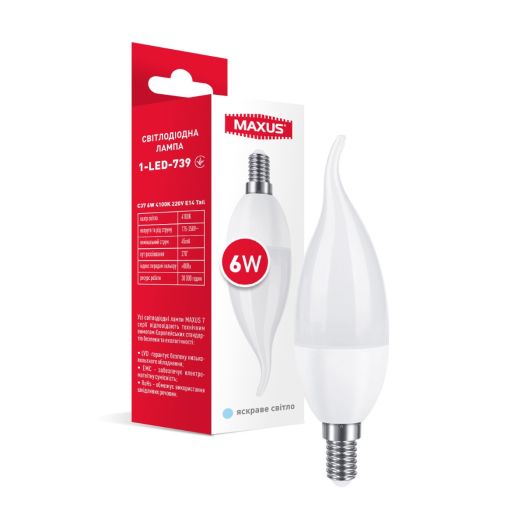 Лампа світлодіодна MAXUS 1-LED-739 C37 6W 4100K 220V E14 Tail