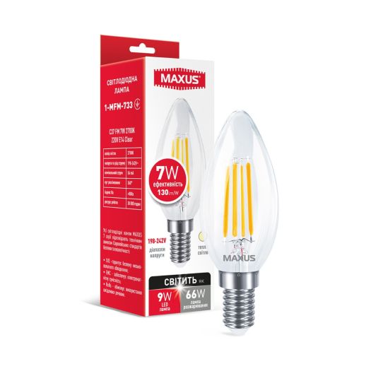 Лампа светодиодная филаментная MAXUS C37 FM 7W 2700K 220V E14 Clear