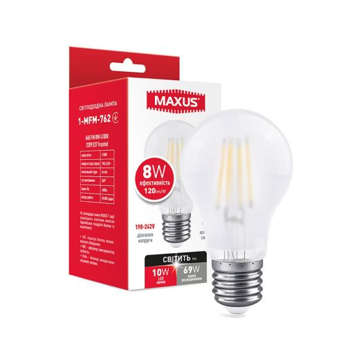 Лампа светодиодная филаментная MAXUS A60 FM 8W 4100K 220V E27 Frosted