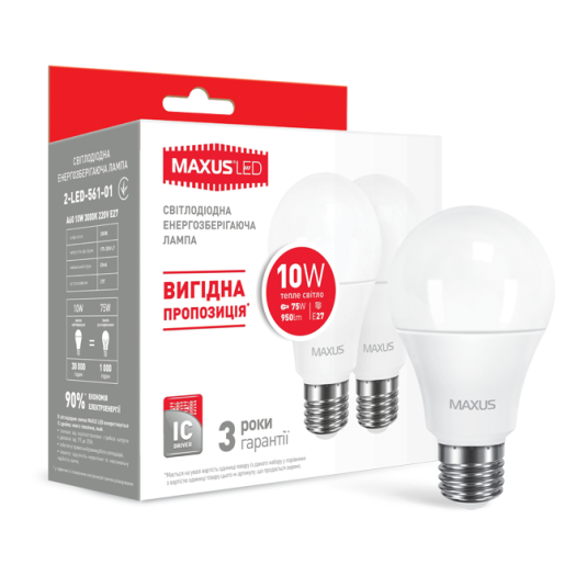 Набір LED ламп Maxus A60 10W тепле світло E27 (по 2 шт.) (2-LED-561-01)