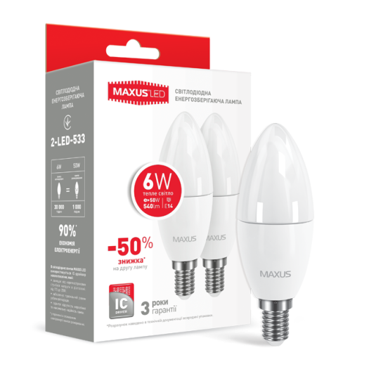 Набор LED ламп MAXUS C37 6W теплый свет E14 (по 2 шт.) (2-LED-533-02)