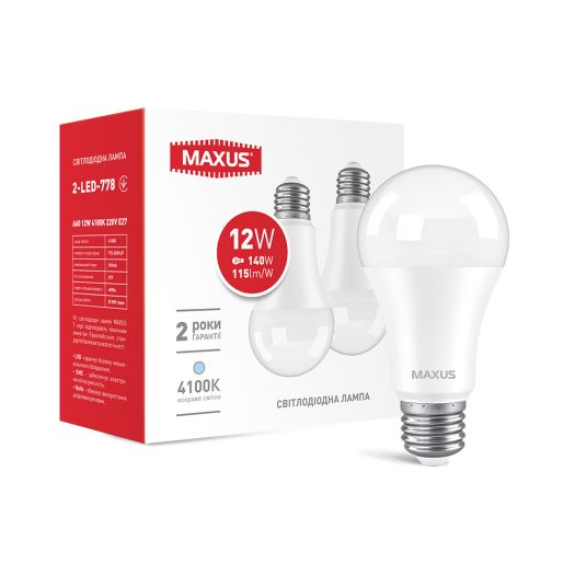 Лампа светодиодная MAXUS A60 12W 4100K 220V E27 (2шт)